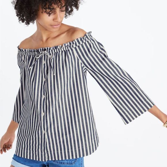 Madewell -622 NWT Shimmer Stripe Off-the-Shoulder Top White Blue H6707 Sz‎ Small - Picture 2 of 10